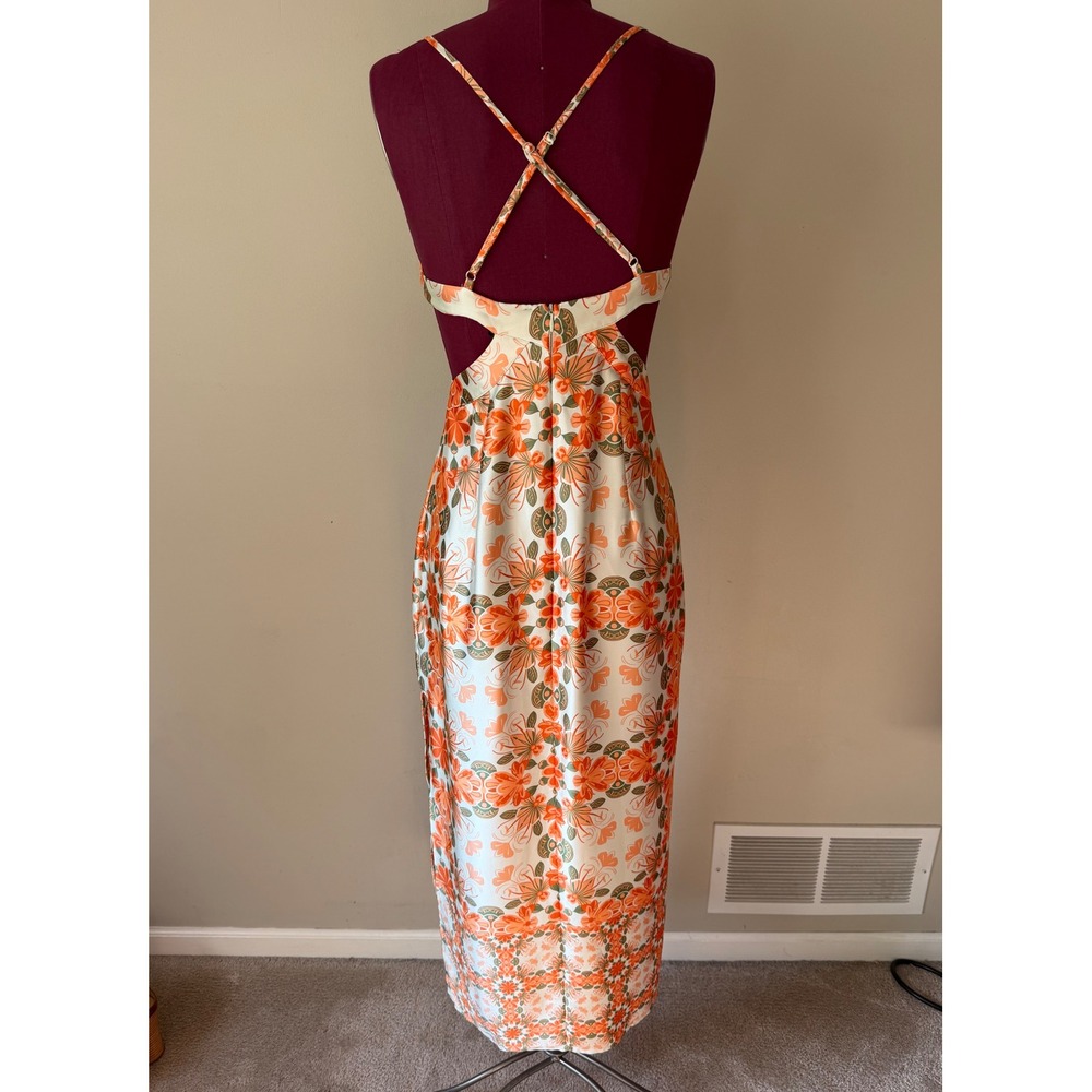 House of Harlow Midi Dress Floral Cutout Satin Slip Sleeveless Orange Size Small - Picture 4 of 10